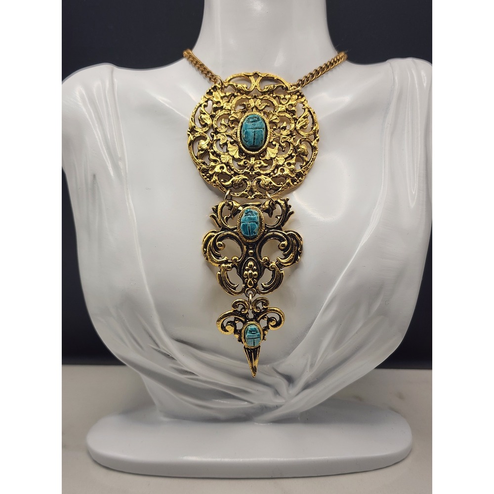 Vintage Egyptian Revival Scarab Beetle Triple Tier Filigree Necklace READ